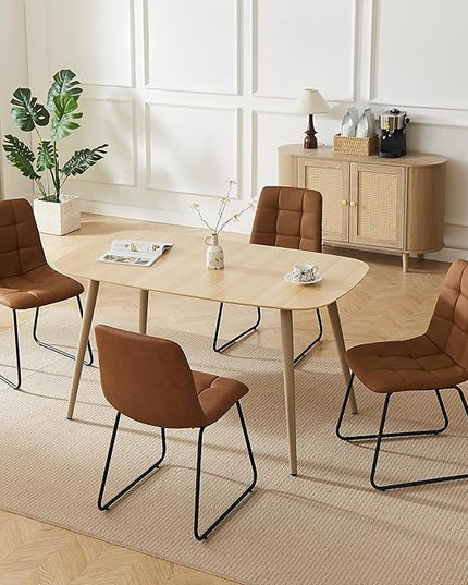 Modern 4-Piece Dining Table Set for 4 | 55-Inch Wood Kitchen Table & 4 Brown Leather Chairs | Space-Saving Dining Set for Small Spaces, Breakfast Nook, Dining Room