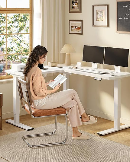 SANODESK L Shaped Standing Desk Adjustable Height, Electric Corner Standing Desk, 63 x 55 inch Sit Stand Computer Table with Splice Board, White