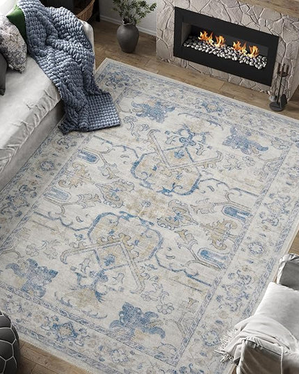 jinchan 8x10 Area Rugs for Living Room Washable Soft Throw Rug Ultra-Thin Stain Resistant Non-Slip Distressed Vintage Floral Large Carpet for Bedroom,Dining Room,Home Office,Nursery (8x10ft,Blue)