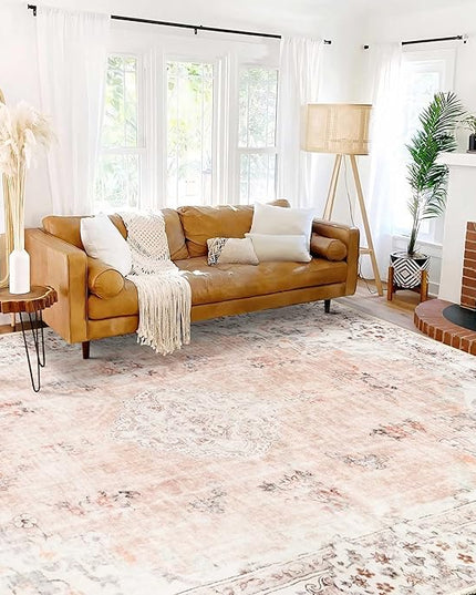MUJOO 9'x12' Area Rug - Large Pink Boho Washable Non Slip Blush Pink Big Carpet Floral Flowers
