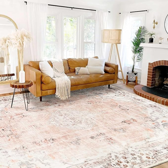 MUJOO 9'x12' Area Rug - Large Pink Boho Washable Non Slip Blush Pink Big Carpet Floral Flowers