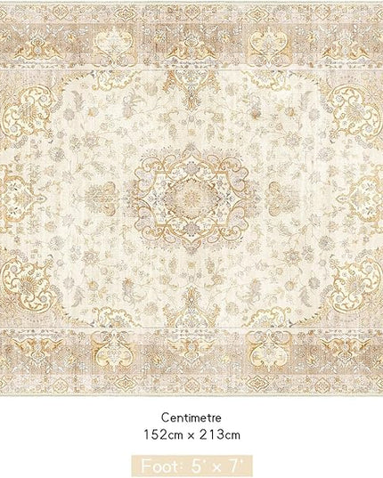 5'x7' Area Rugs Washable,Boho Rug for Living Room Bedroom,Large Vintage Bohemian Distressed Oriental Carpet Non Slip,Beige Gold Floral