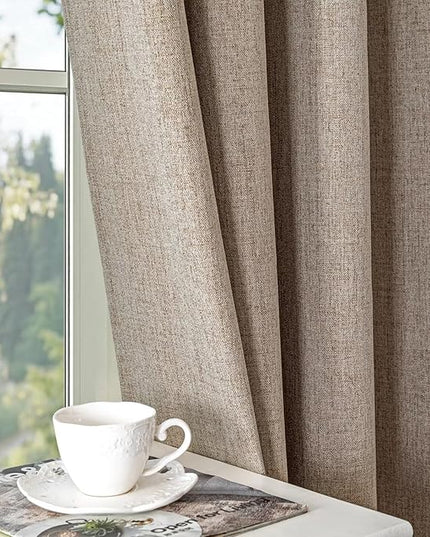 100% Blackout Curtains 90 inch Length 1 Panel Faux Linen Long Drapes for Bedroom Living Room Black Out Room Darkening Curtain Thermal Insulated Back Tab Rod Pocket(W100 x L90, Beige)