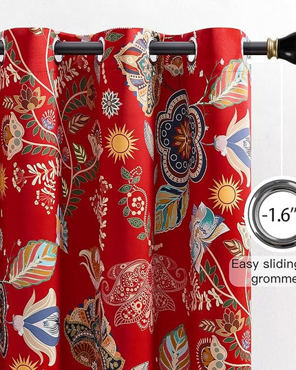XiDi Red Floral Curtains 102 Inches Long 2 Panels 100% Blackout Vintage Botanical Leaf Patterned Curtains for Living Room Bedroom Thermal Insulated Room Darkening Luxury Colorful Drapes Grommet 52x102