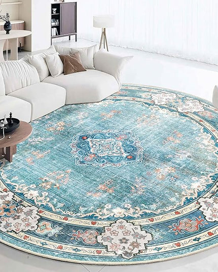 MUJOO Teal Round Rug 9ft,Large Circle Washable Area Rugs for Bedroom Living Room Bathroom,Boho Non Slip Circular Carpet,Floral