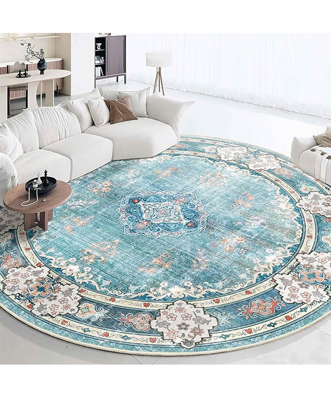 MUJOO Teal Round Rug 9ft,Large Circle Washable Area Rugs for Bedroom Living Room Bathroom,Boho Non Slip Circular Carpet,Floral