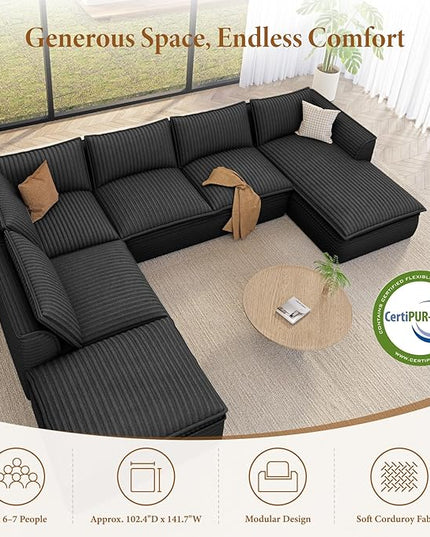 Vesgantti 141.7" Oversized Sectional Boneless Couch, Modern 7 Seater Modular Sofa with Chaise & Ottoman, Deep Seat Plush Corduroy Cloud Couches for Living Room, No Assembly Required, Dark Gray