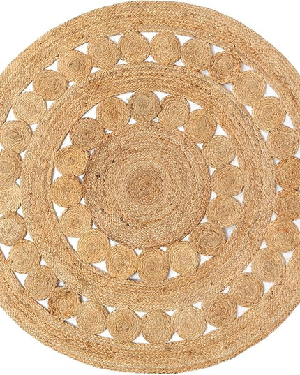 Hand Woven Jute Area Rug - 4' Round - Rustic Beige Reversible Farmhouse Rugs for Bedroom, Kitchen, Living Room - Vintage Natural Braided Entry Floor Décor Circle Boho Round Rugs 4 feet