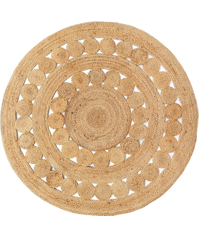Hand Woven Jute Area Rug - 4' Round - Rustic Beige Reversible Farmhouse Rugs for Bedroom, Kitchen, Living Room - Vintage Natural Braided Entry Floor Décor Circle Boho Round Rugs 4 feet