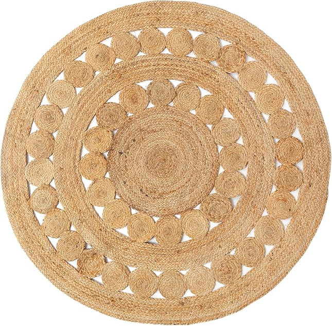 Hand Woven Jute Area Rug - 5' Round - Rustic Beige Reversible Farmhouse Rugs for Bedroom, Kitchen, Living Room - Vintage Natural Braided Entry Floor Décor Circle Boho 5 Foot Round Rug
