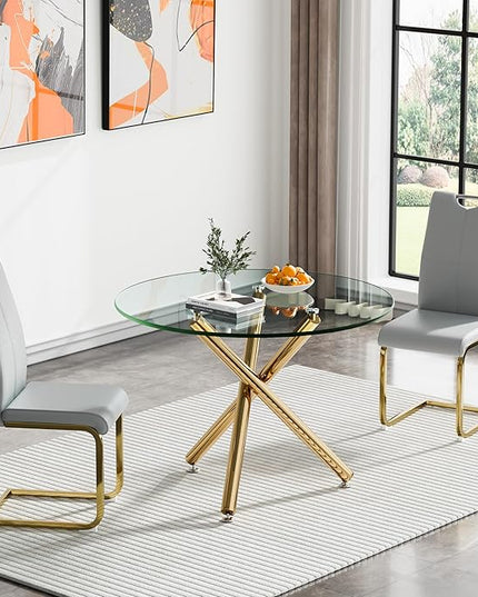 HomVent Round Glass Dining Table Set for 2, 3-Piece Modern Kitchen Table Set with 2 PU Upholstered Chair for Kitchen Dining Room, Glass Dining Room Table Set