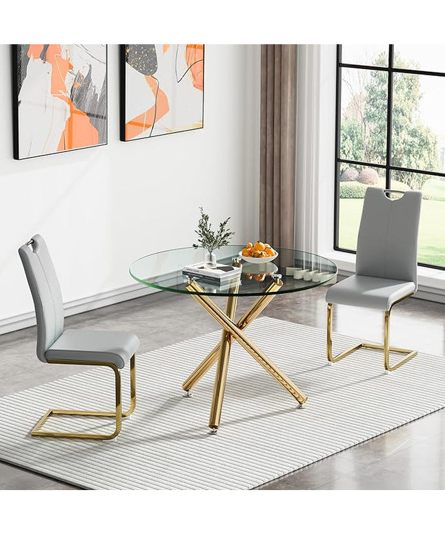 HomVent Round Glass Dining Table Set for 2, 3-Piece Modern Kitchen Table Set with 2 PU Upholstered Chair for Kitchen Dining Room, Glass Dining Room Table Set