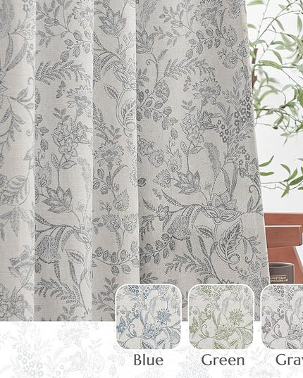 Lazzzy Grey Floral Lined Curtains Linen Farmhouse 84 Inches Long Grommet Top Drapes for Living Room Bedroom Country Vintage Flower Printed Curtains 2 Panels Set Gray on Beige