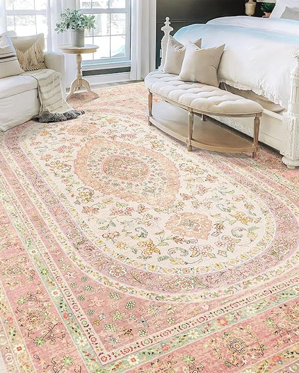 9x12 Area Rugs Washable,Pink Rug for Living Room Bedroom Dining Room,Large Boho Vintage Bohemian Distressed Farmhouse Carpet Non Slip,Blush Floral