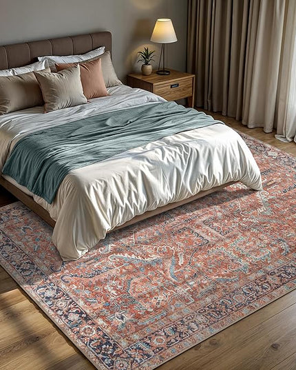 GLN Rugs Traditional Collection - Machine Washable Area Rug, Traditional Washable, Non Slip, Low Pile Chenille Rug, Living Room, Bedroom, Kitchen Rug (9'x12' Terra Cotta)
