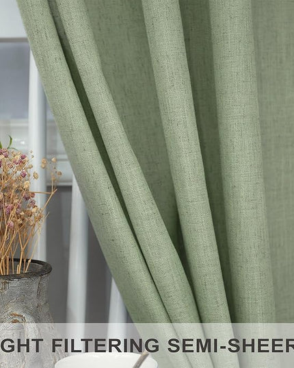 Sage Green Curtains 96 Inches Long for Living Room 2 Panels Back Tab Loop Pocket Linen Draperies Semi Privacy Sheer Light Weight Pale Green Curtains for Bedroom Office Bay Neutral Boho Farmhouse 8 FT