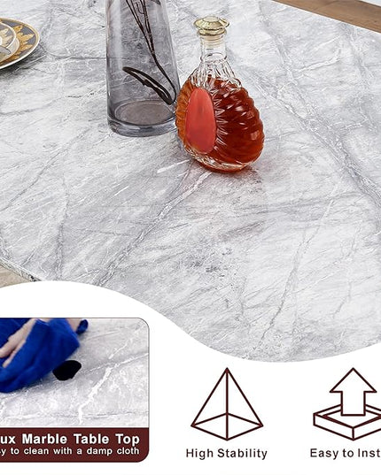 70 Inch Modern Rectangular Dining Table for 6, Faux Marble Top with Mirrored Stainless Steel Base, Large Kitchen Table for Dining Room, Living Room, Office, Conference, (Table Only) (Silver + Grey)