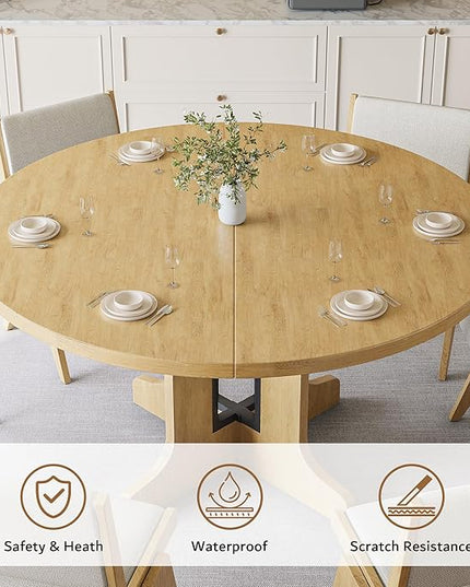 iPormis 59" Round Extendable Dining Table for 4-6, Modern Kitchen Table with Heavy Duty Pedestal Base & Wooden Top, Oval Dining Room Table for Dining Living Room, Easy Assembly, Oak