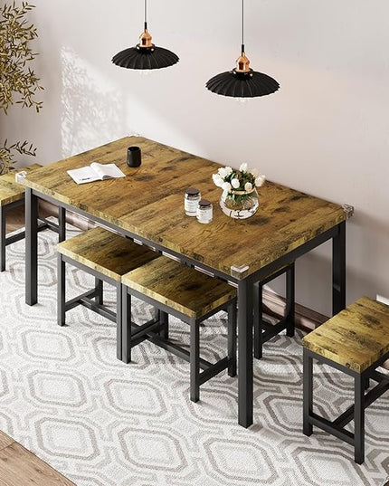 iPormis 7-Piece Dining Table Set with 6 Stools, 63" Extendable Kitchen Table Set for 4-8, Modern Dining Room Table with Sturdy Metal Frame, Space-Saving Dinette, Rustic Brown