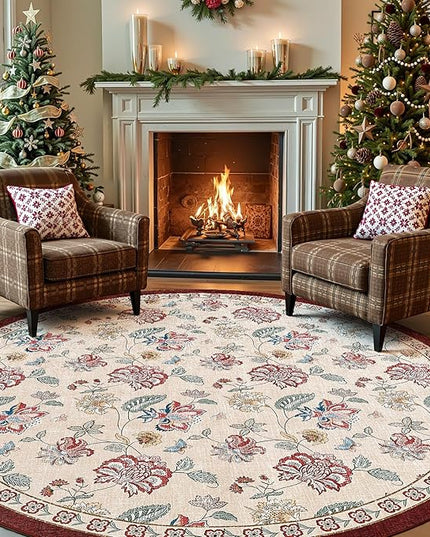 jinchan Elora 7ft Floral Round Rug for Washable Living Room Rug Vintage Romance Christmas Design Non Slip Indoor Floor Cover Lightweight Low-Profile Throw Carpet for Bedroom Porch, Red/Beige