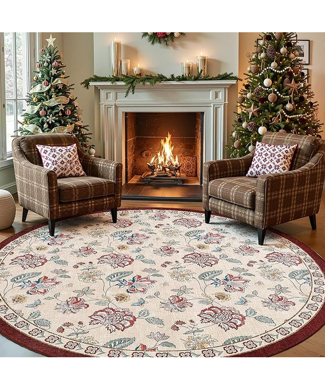 jinchan Elora 8ft Floral Round Rug for Washable Living Room Rug Vintage Romance Christmas Design Non Slip Indoor Floor Cover Lightweight Low-Profile Throw Carpet for Bedroom Porch, Red/Beige