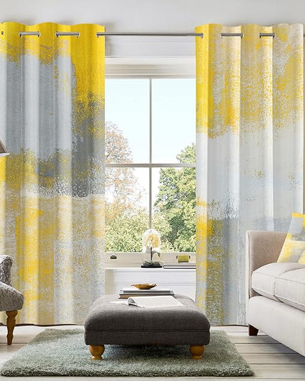Yellow Window Curtain Yellow Grey Abstract Thermal Insulating Drapes Rust Art Treatment Drapes Modern Curtains for Living Room Bedroom Hotel, 52" x 63", 2 Panels