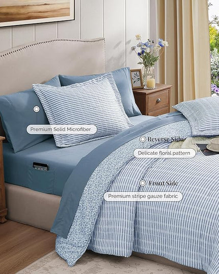 King Comforter Set - 7 Pieces Blue Gauze Muslin Bedding Sets for All Seasons, Lightweight Breathable Bed in a Bag King with Revesible Farmhouse Comforter, Sheets, Pillowcases & Shams