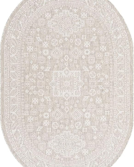 Rugs.com Outdoor Aztec Collection Rug – 5' x 8' Oval Light Gray Flatweave Rug Perfect for Living Rooms, Large Dining Rooms, Open Floorplans