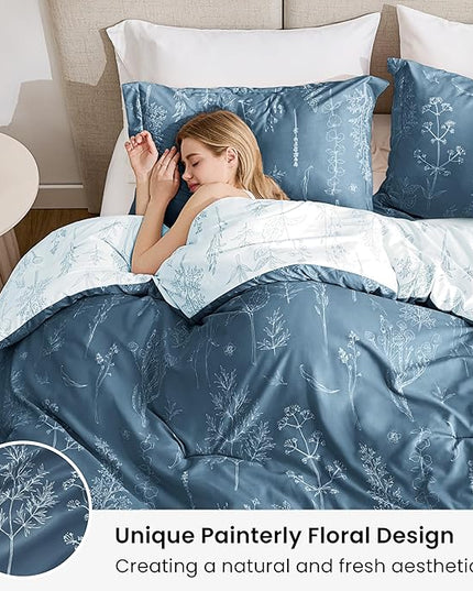 Love's cabin Bluish Grey Full Comforter Set - Full Size Comforter Set, 3 Pieces Cute Floral Bedding Sets for All Seasons,1 Soft Reversible Botanical Flowers Comforter and 2 Pillow Shams