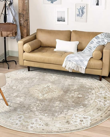 MUJOO Beige Round Rug 6ft,Circle Washable Area Rugs for Bedroom Living Room Bathroom,Boho Large Vintage Bohemian Distressed Farmhouse Non Slip Circular Carpet,Floral