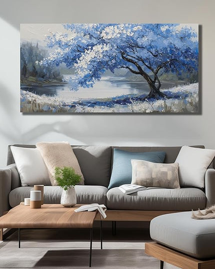 JuhaiArt Blue Wall Art White Picture Art Scenery Wall Decor Tree Wall Art Canvas for Living Room Bedroom Home Office Prints Gray Artwork 24" x 48"