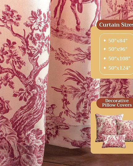 Maison d' Hermine Curtains for Living Room 100% Cotton 124 inch Length One Panel Light Filtering Toile Curtains for Bedroom Windows with Rod and Loop Pockets Drapes (The Miller Red, 50" W x 124" L)