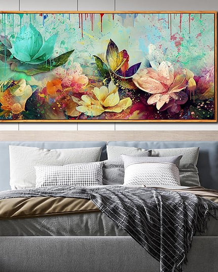 Flower Wall Art for Living Room, Framed Floral Canvas Wall-Art for Bedroom, Watercolor Lotus Print, Large Size 59x29 Inches