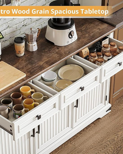 IRONCK Fluted Buffet Sideboard Cabinet with 3 Drawers, 52.9" Farmhouse Large Buffet Table with 3 Doors, Coffee Bar with Adjustable Shelf, Modern Storage Cabinet for Kitchen, Living, Dining Room, White