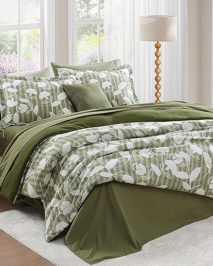 Full Comforter Set -7 Pieces Botanical Olive Green Comforter Set for All Seasons, Bed in a Bag Full with Flowers Floral Comforter, Sheets, Pillowcases & Shams