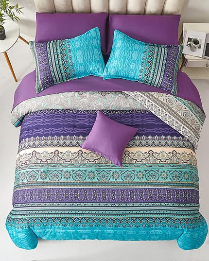 Cottolester Boho Comforter Set Queen Size 8 Piece Bed in a Bag Bohemian Striped Bedding Quilt Set Aqua Paisley Floral Comforter and Sheet Set,Soft Microfiber Complete Bedding Sets for All Season