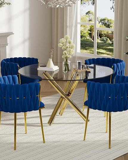 Modern Round Glass Dining Table Set, 5 PCS Luxury Minimalist Circle Dining Room Set for 4, 47'' Clear Circular Kitchen Table and Navy Blue Woven Chair Set of 4, for Living Room Home (Golden)