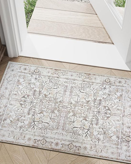 jinchan Lima 2x3 Washable Rug for Entryway - Vintage Floral Ultra-Thin Low Pile Soft Small Non Slip Distressed Indoor Door mat Accent Area Rug for Entrance Kitchen Bathroom Bedroom (2x3ft, Taupe)