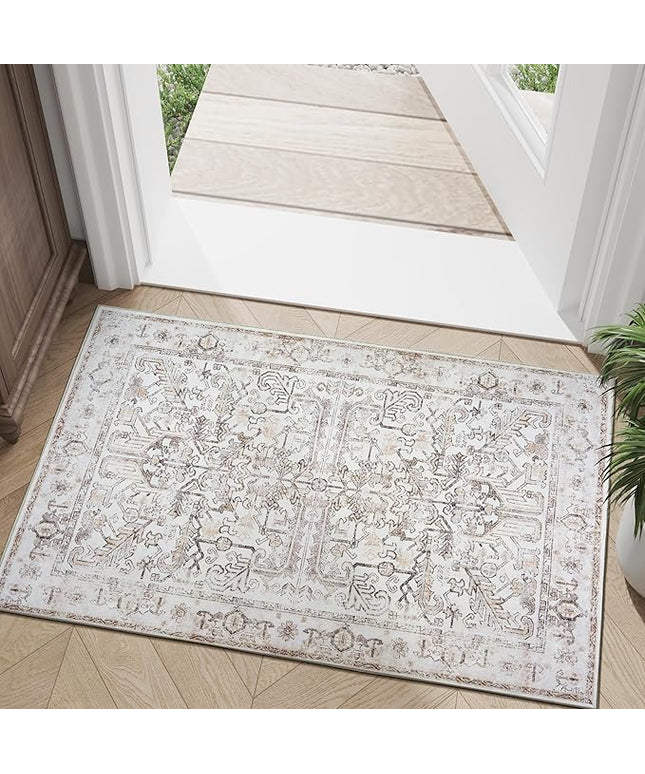 jinchan Lima 2x3 Washable Rug for Entryway - Vintage Floral Ultra-Thin Low Pile Soft Small Non Slip Distressed Indoor Door mat Accent Area Rug for Entrance Kitchen Bathroom Bedroom (2x3ft, Taupe)