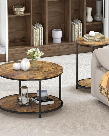 NSdirect Round Coffee Table, 25.6" Small Coffee Table for Living Room,2-Tier Rustic Wood Desktop with Storage Shelf Modern Design Home Furniture(Brown)