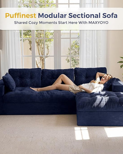 MAXYOYO 104" L Shaped Modular Sectional Sofa with Ottoman, Cloud Boneless Couch with Layered Cushion, Upholstered Sofa in a Box, Flexible Module Combination for Living Room, No Assembly, Navy