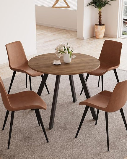 34.6'' Round Dining Table and Chairs for 4 Space Saving for Apartment Kitchen Dining Room (Walnut Table+4 Brown Chairs)