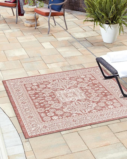 Rugs.com Outdoor Aztec Collection Rug – 6 Ft Square Rust Red Flatweave-Pile Rug Perfect for Living Rooms, Kitchens, Entryways