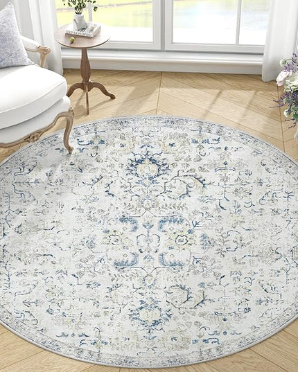 jinchan Kalen Round Rug 4ft Area Rug Entryway Washable Vintage Indoor Retro Floor Cover Distressed Floral 4' Round Circle Boho Non Slip Thin Carpet for Kitchen Bedroom Living Room Dining Room Blue