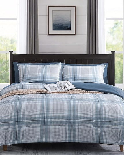 MaiRêve Plaid Full Comforter Sets, Light Blue Grid Farmhouse Bedding Set Bed in A Bag, Classic Checkered Comforter Sets with Fitted & Flat Sheet, Pillowcases & Shams(Light Blue, 80"x90")
