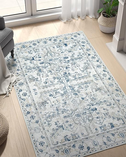 jinchan Lima Washable Area Rug 3x5 Entryway Rug - Distressed Vintage Floral Ultra-Thin Low-Pile Soft Non-Shedding Indoor Floor Carpet for Kitchen Bedroom Entrance Laundry Living Room (3x5ft, Blue)