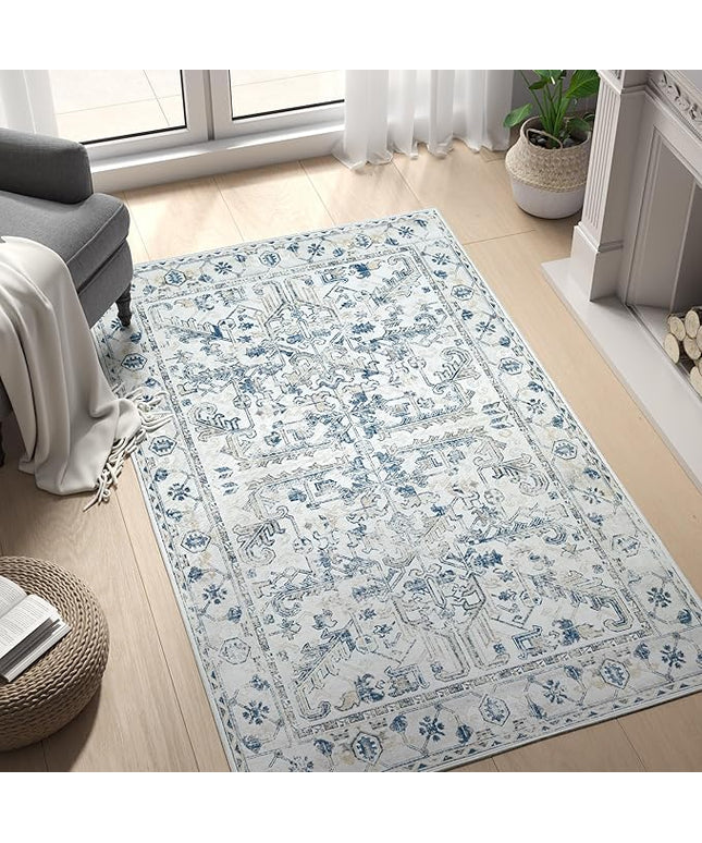 jinchan Lima Washable Area Rug 3x5 Entryway Rug - Distressed Vintage Floral Ultra-Thin Low-Pile Soft Non-Shedding Indoor Floor Carpet for Kitchen Bedroom Entrance Laundry Living Room (3x5ft, Blue)
