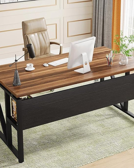 Tribesigns 55 inches Computer Desk with Bottom Storage Shelf Home Office Desk Writing Table for Workstation, Dark Walnut + Steel Leg, Cabinet not Included (Walnut, 55-inch -with Shelf)
