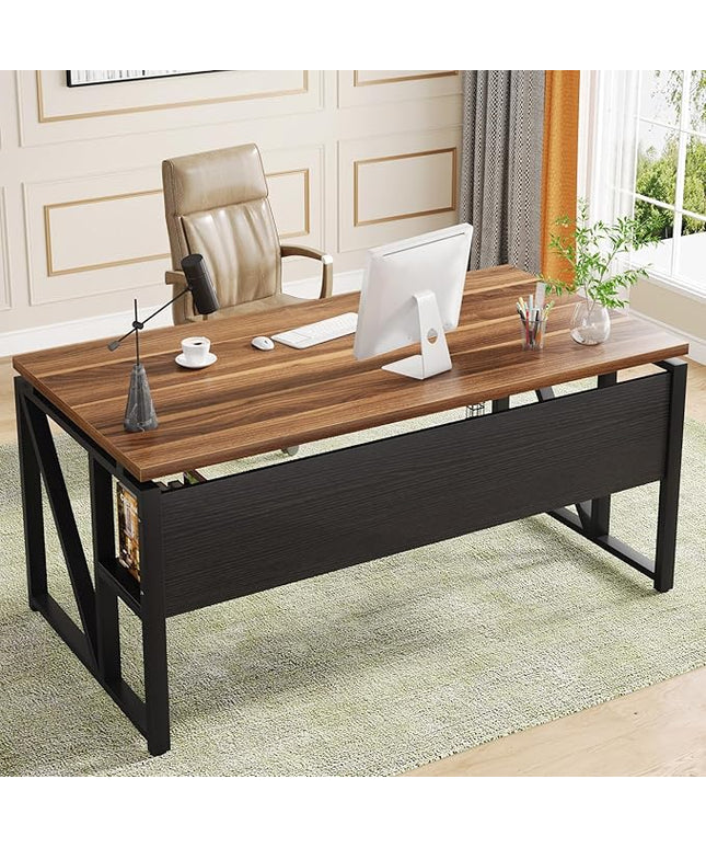 Tribesigns 55 inches Computer Desk with Bottom Storage Shelf Home Office Desk Writing Table for Workstation, Dark Walnut + Steel Leg, Cabinet not Included (Walnut, 55-inch -with Shelf)