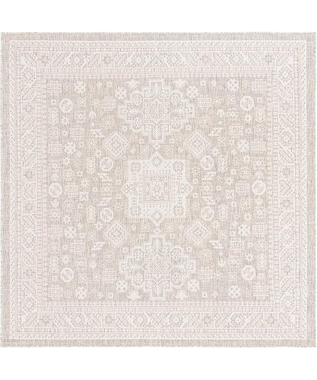 Rugs.com Outdoor Aztec Collection Rug – 8 Ft Square Light Gray Flatweave Rug Perfect for Living Rooms, Kitchens, Entryways